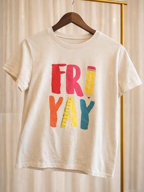 SHEIN Cream Short Sleeve Tee with Multicolor 'FRI YAY' Graphic